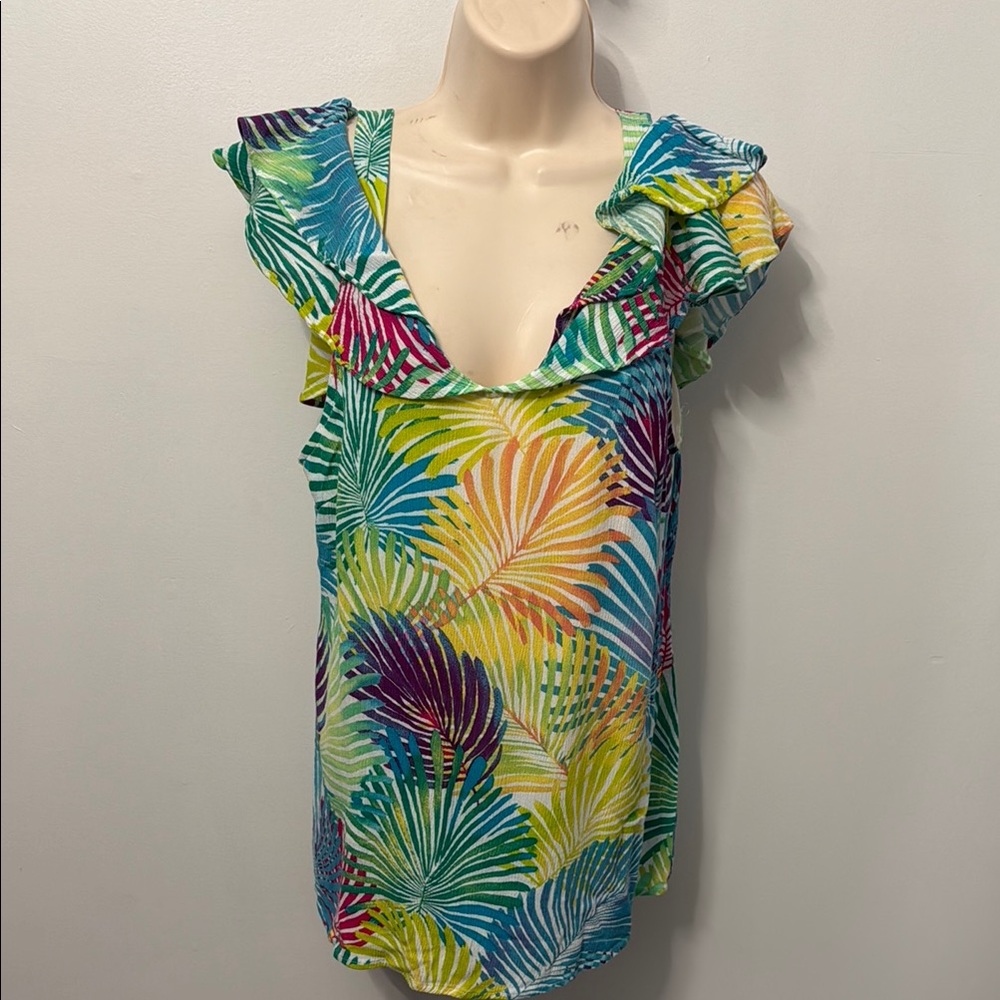 Hailey Lyn Fronds Cold ShoulderTropical Multicolor Ruffle Sleeve Top Size L